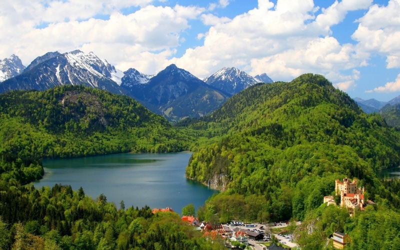 Castles, Mountain, Alps, Hill, Lake, Bavaria, Castle, Hohenschwangau Castle, Gemeinde Schwangau, 1080P, Germany