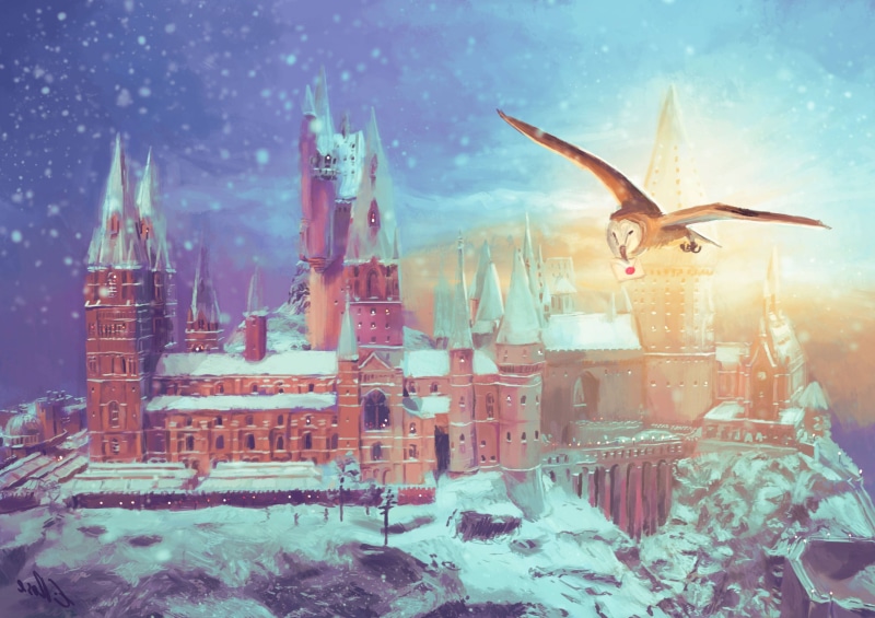 digital composite, sky, flying, snow, built structure, cityscape, bird, building, animal, cold temperature, building exterior, architecture ancient castle trees nature digital art birds owl winter snow illustration rock tower fantasy art hogwarts fan art painting