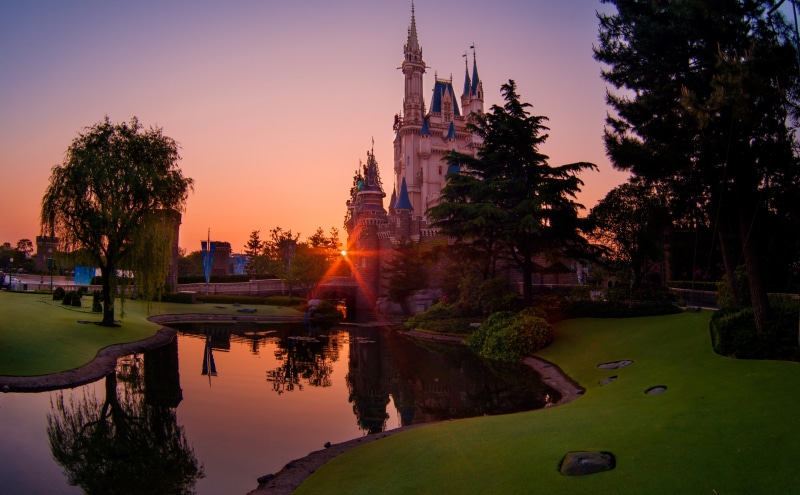 tokyo, Japan, travel destinations, built structure, sunset, tree, Cinderella Castle, place of worship, belief, plant, no people, reflection, outdoors, 5K