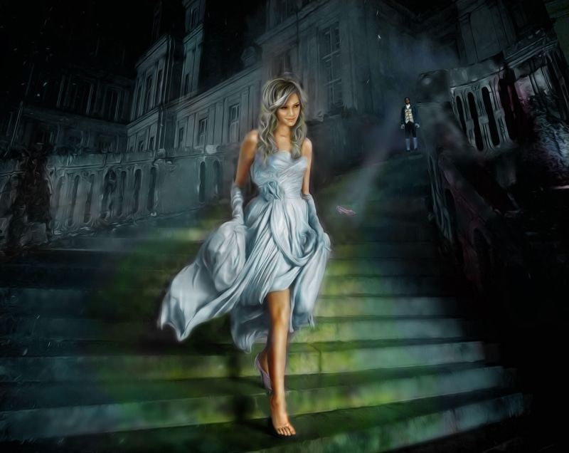 Princesses, women, staircase, Cinderella, castle, fantasy Art, digital art, men, dress, Fairy Tale, High Heels, 4K, night, Dark
