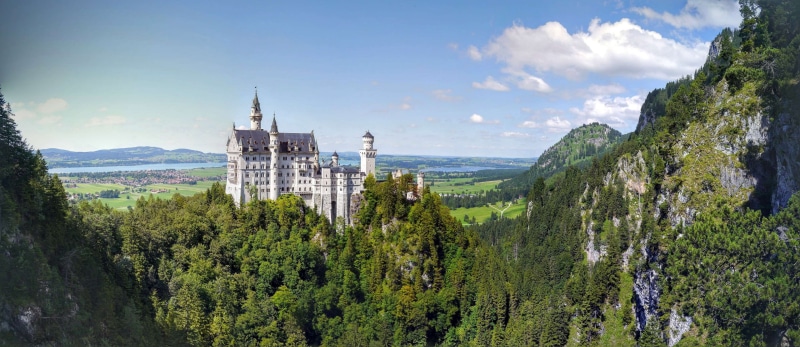neuschwanstein, lake, tree, spire, clouds, sky, castel, religion, plant, mountain, building, cinderella, scenics - nature, beauty in nature, no people