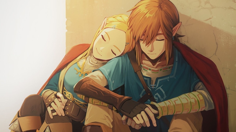 artwork, Princess Zelda, The Legend of Zelda: Breath of the Wild, closed eyes, Link, The Legend of Zelda, 1080P, video games