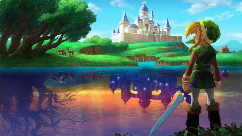 body, Master Sword, 1080P, building, near, tree, building exterior, blue, Link, outdoors, reflection, day, looking at view, house, sky, full length, lifestyles
