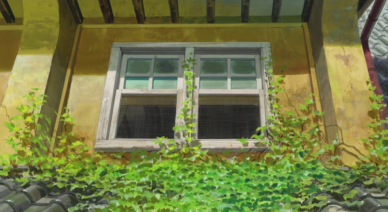 low angle view, glass - material, anime, Studio Ghibli, outdoors, residential district, nature, built structure, window box, plant, green color, Kari-gurashi no Arietti