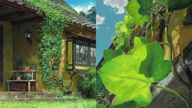 tree, day, Kari-gurashi no Arietti, house, architecture, outdoors, flowering plant, Studio Ghibli, green color, 2K, window, plant part, building, building exterior