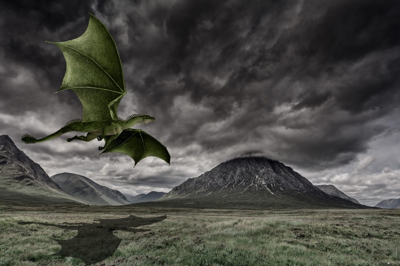 scenics - nature, magic, magical, wyvern, landscape, draconic, land, sky, no people, green color, legend, travel, beast, fantasy, cloud - sky, highlands