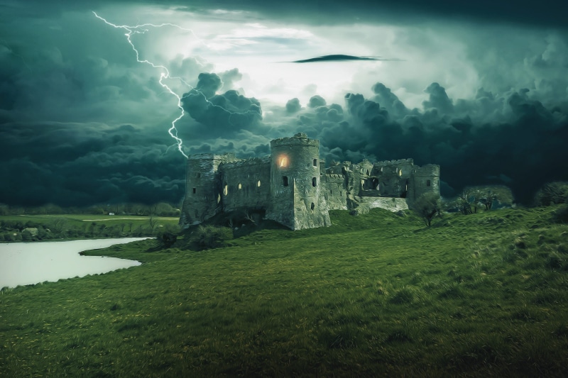 fantasy design, beauty in nature, dark, building exterior, land, sky, architecture, fantasy, magic, built structure, tranquility, nature, plant, ancient civilization