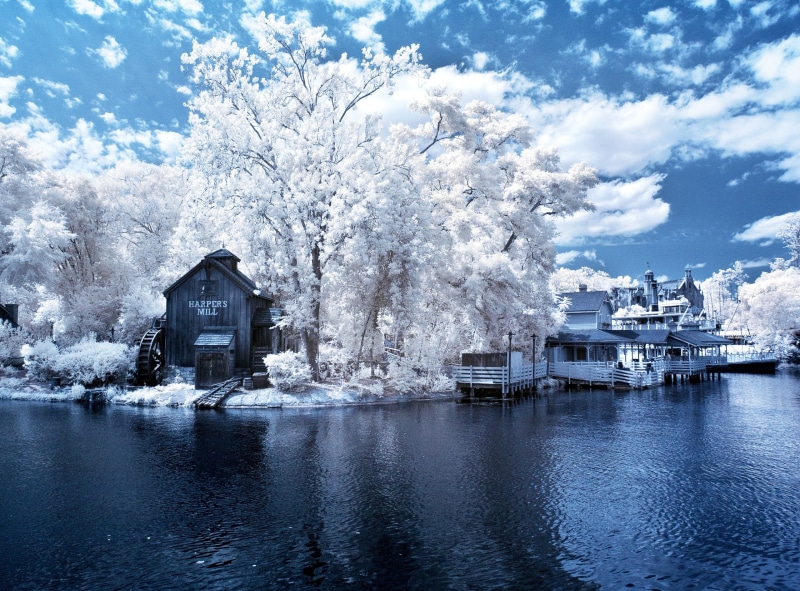 forest, Magic Kingdom, outdoors, Rivers of America, mode of transportation, tranquility, Artistic, beauty in nature, waterfront, infrared, Winter, snow