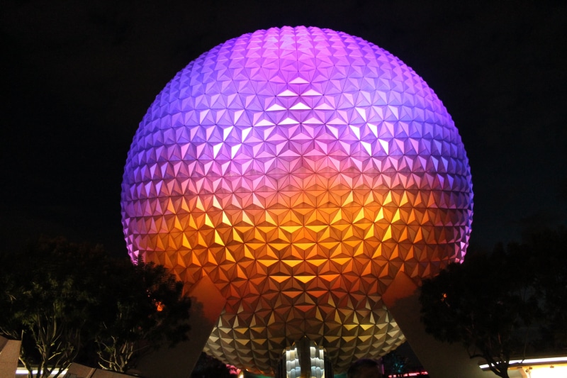 celebration, party - social event, sphere, event, nightlife, nightclub, round, disco ball, fun, epcot center, orlando, multi colored, low angle view, purple