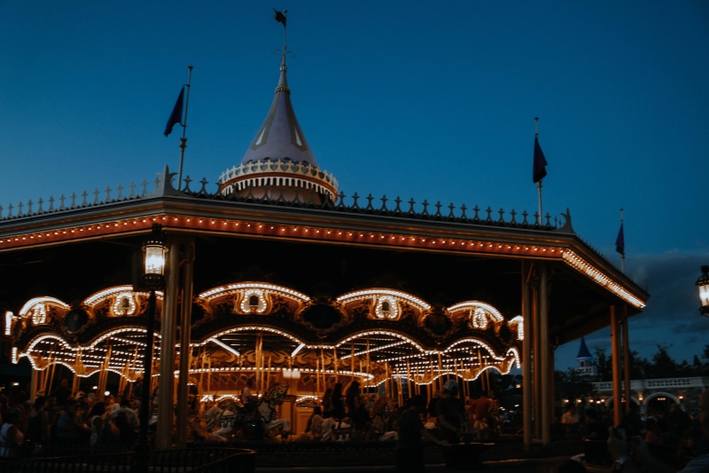 carousel, united states, night, dusk, vacation, travel destinations, florida, clear sky, city, magic kingdom park, disney, amusement park ride, building exterior