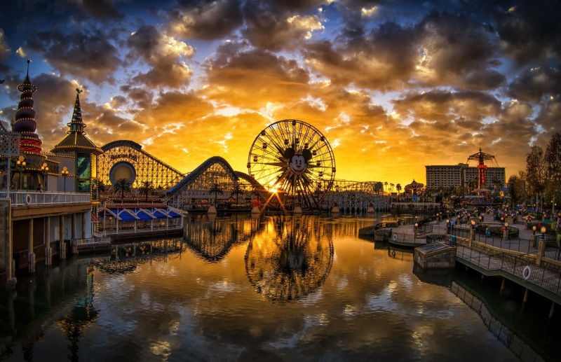 Disneyland, bridge - man made structure, amusement park ride, ferris wheel, no people, city, reflection, amusement park, arts culture and entertainment