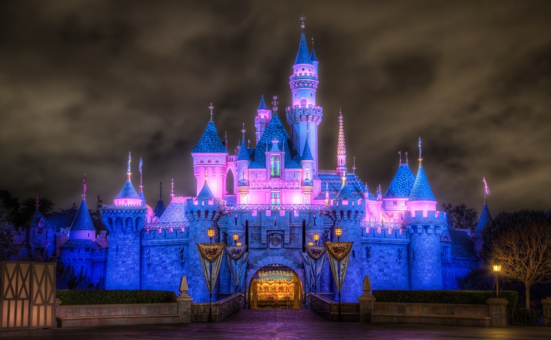illustration, purple, travel, built structure, architecture, castle, Disneyland, United States, beauty, tourism, illuminated, 5K, Night, building, California