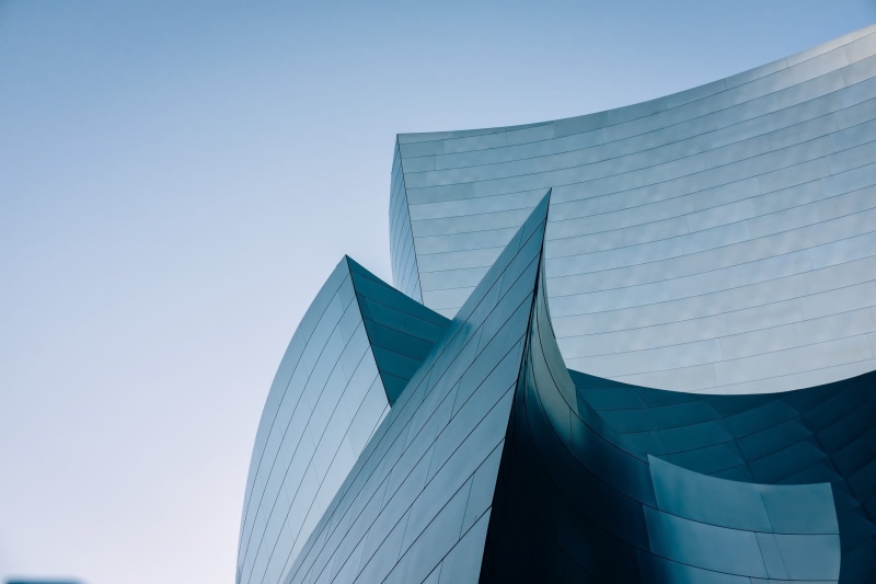 los angeles, day, low angle view, 2K, glass - material, walt disney concert hall, walt disney, nature, city, office, architecture, united states, office building exterior