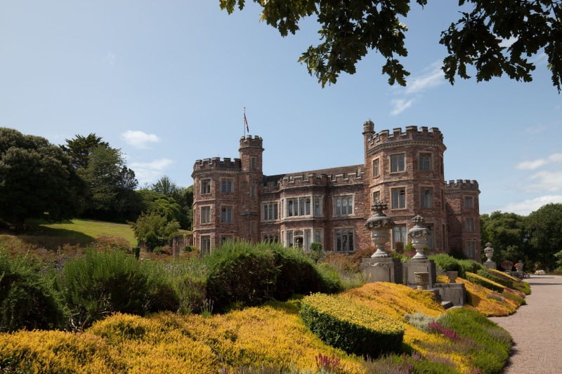 built structure, flowerbed, hedge, towers, grass, no people, architecture, flower, garden, trees, county, shrubs, manor house, brown, country house, 5K