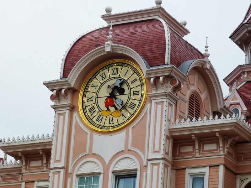 clock face, Theme Park, France, old, residential district, day, time, sky, clear sky, outdoors, Disneyland, 2K, instrument of time, low angle view, building exterior