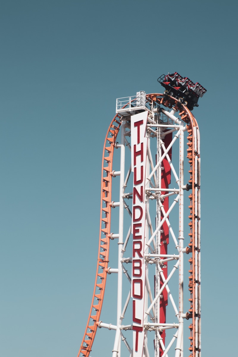 roller coaster, tracks, amusement park ride, coney island, the thunderbolt ride, metal, adventure, vintage, clear sky, excitement, adventure park, leisure activity