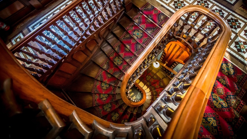 inside, 4K, railing, floral pattern, castle, larnach castle, historic house, musical instrument, ceiling, religion, built structure, carpet, staircase