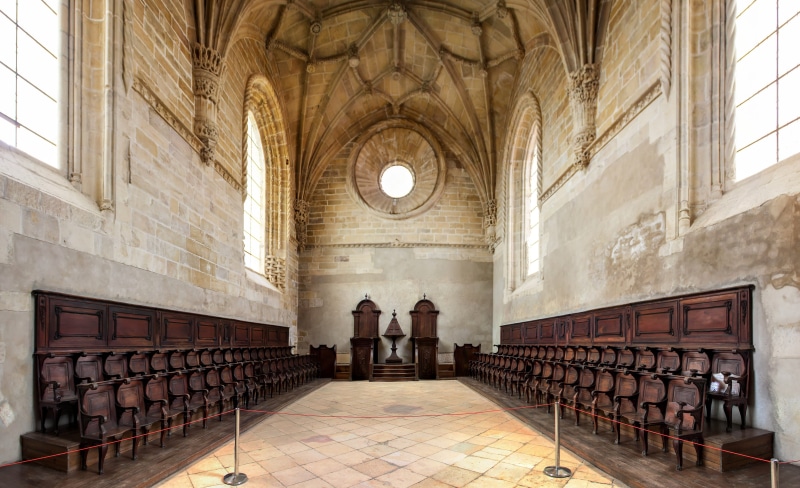 bench, church manueline, portugal, the past, altar, religious monument, architecture, vault, inside, in a row, seat, stalls, no people, convent of christ