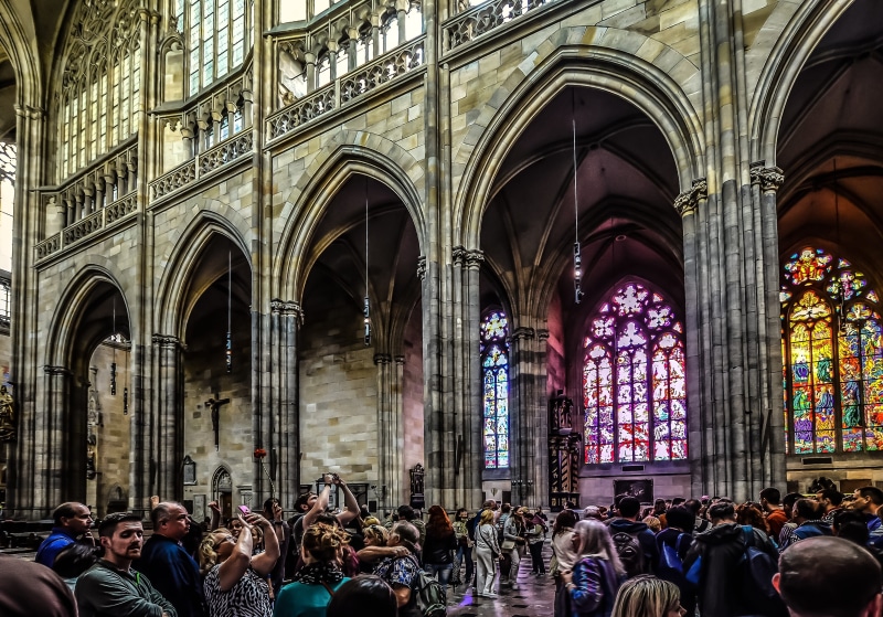 holy, vitus, real people, old, women, castle, lighting, architectural column, tourism, bohemia, adult, saint, travel, building, men, crowd, sightsee, people