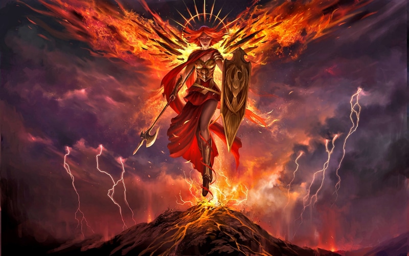 Fire, Orange Hair, Lightning, Weapon, Woman Warrior, Wings, Woman, Girl, Flame, Angel, Game, Shield, Magic: The Gathering, 1080P, Fantasy, Angel Warrior