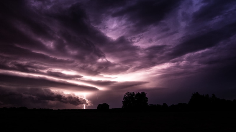 no people, cloudscape, lightning, beauty in nature, thunderstorm, landscape, cloud - sky, storm, nature, 1080P, digital art, trees, sky, power in nature
