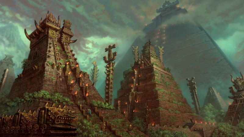 fire, trees, ritual, architecture, art, 1080P, smoke, artistic, stairs, landscapes, forest, flames, storm, buildings, steps, statue, sky, fantasy, aztec