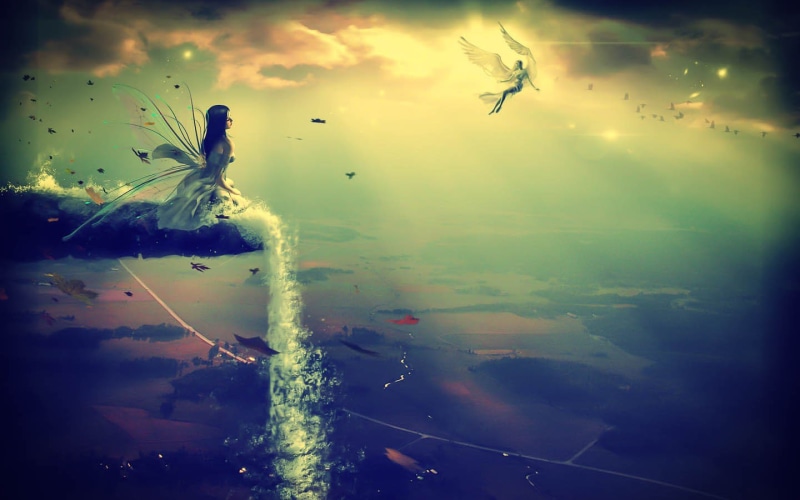 waterfall, emotion, mood, pixie, mountains, scenic, fantasy, landscapes, magic, art, sparkle, digital, sky, clouds, 720P, fairy, children, wings, artistic