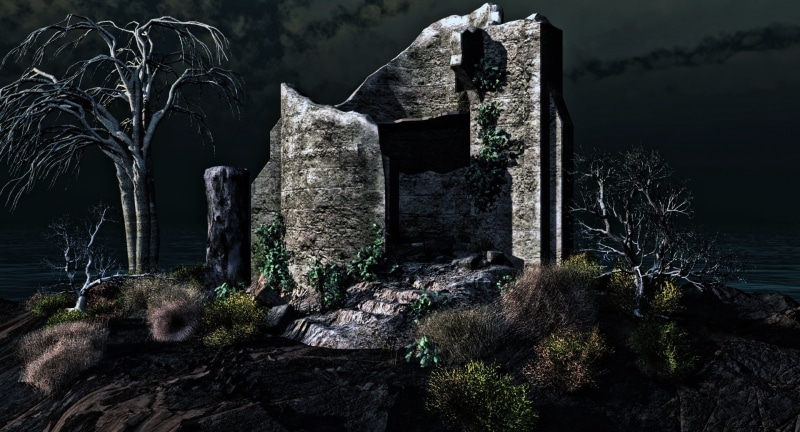 old ruin, outdoors, rock - object, 1080P, spooky, outdoor, magic, digital art, day, built structure, tranquil scene, fear, landscape, halloween, sky, green