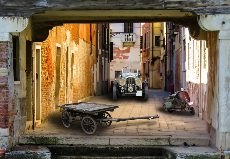 vintage car automobile, oldtimer, no people, exit, moped, 4K, entrance, composing, scooter, italy, city, industry, house, wheels, street, home, building exterior