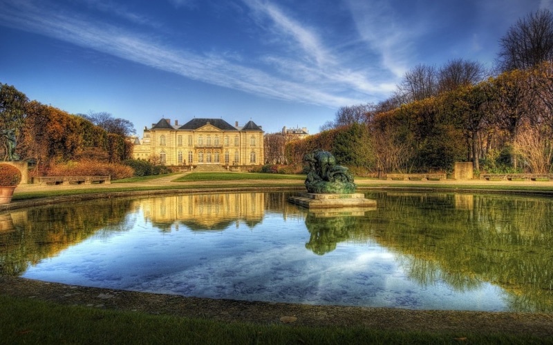 reflection, bench, HDR, clouds, sculpture, 1080P, building, castle, Chateau Rodin, fall, Paris, nature, trees, mansions, park, garden, landscape, France