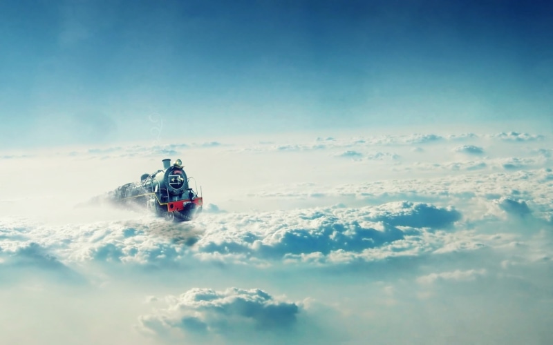 science, clouds, dream, fiction, psychedelic, sci, tracks, trains, sky, 1080P, surreal, locomotive, railroad, fantasy, engines, haze, steam, vehicles