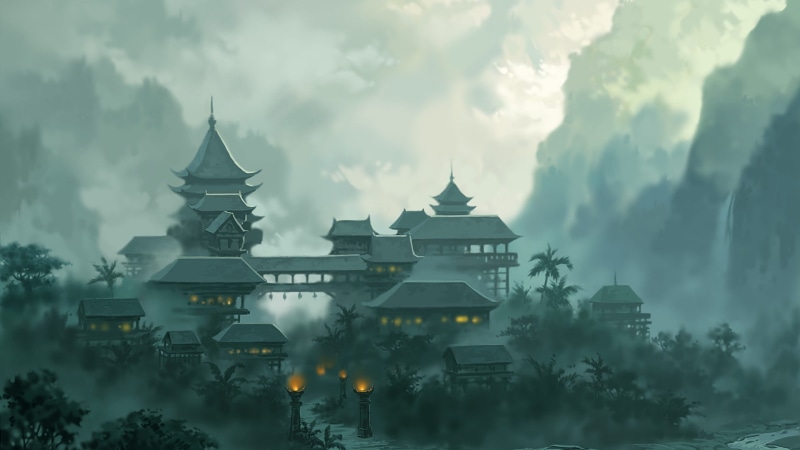 temple, fantasy, clouds, spirituality, tree, travel destinations, building, shrine, church, fog, oriental, place of worship, plant, no people, building exterior