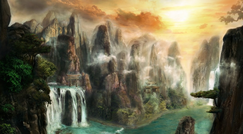mountains, clouds, nature, fantasy art, river, Asian architecture, trees, waterfall, landscape, digital art, 1080P, mist, Sun
