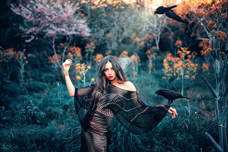 women outdoors, raven, colorful, birds, Gothic, 1080P, fantasy girl, women