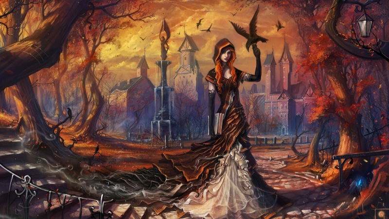 1080P, Fantasy, Art, City, Crows, Girl, Lamp, Autumn, Birds, Trees