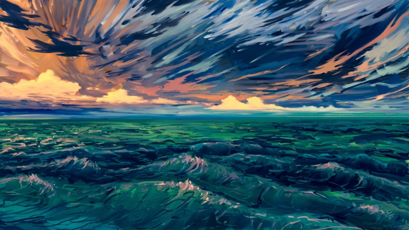 sea, nature, 4K, artistic, scenery, painting, digital art, horizon, fantasy art, wave, seascape, digital painting, art, sky, artwork, cloudy, ocean