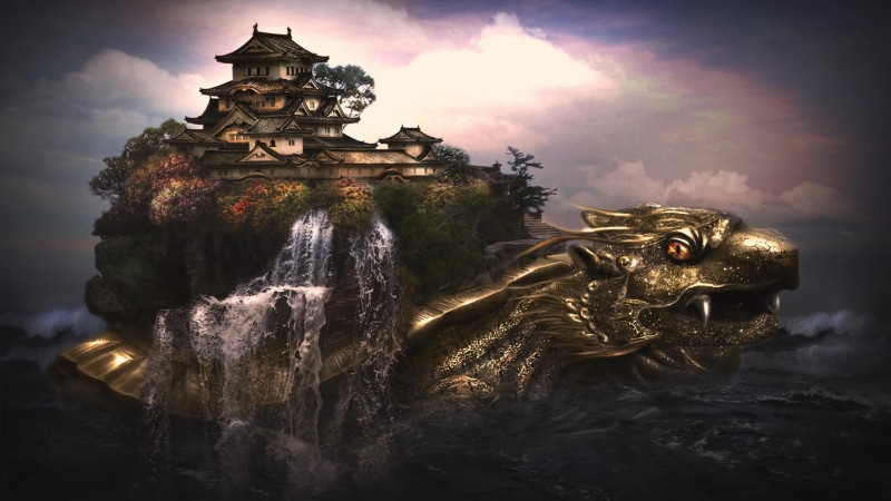artistic, 1080P, detail, sky, Magic, Chinese, dragon, Green, Asian, Temple, CG, Shell, buildings, m, creature, sea, architecture, Oriental, fantasy, clouds