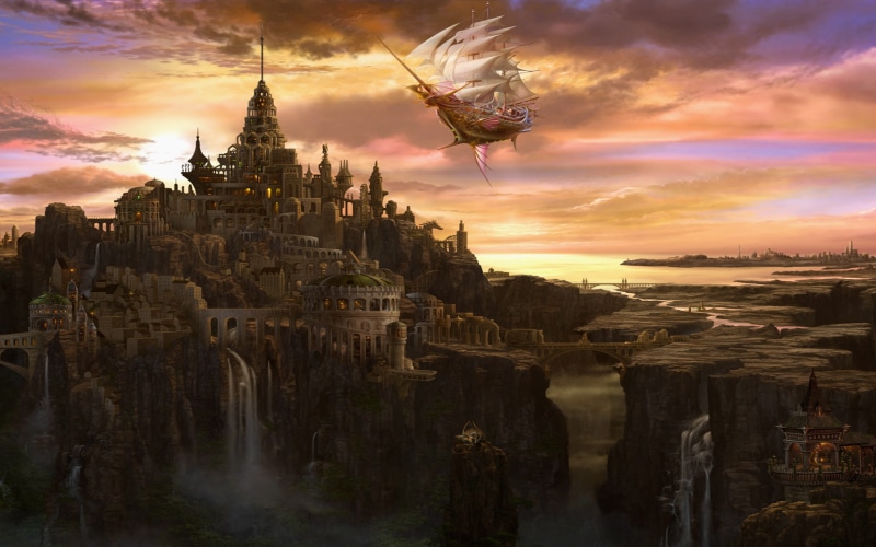 abstract, sky, color, CG, rivers, cities, sunrise, art, paintings, artistic, Br, sunlight, digital, castles, detail, architecture, waterfalls, scenic, clouds