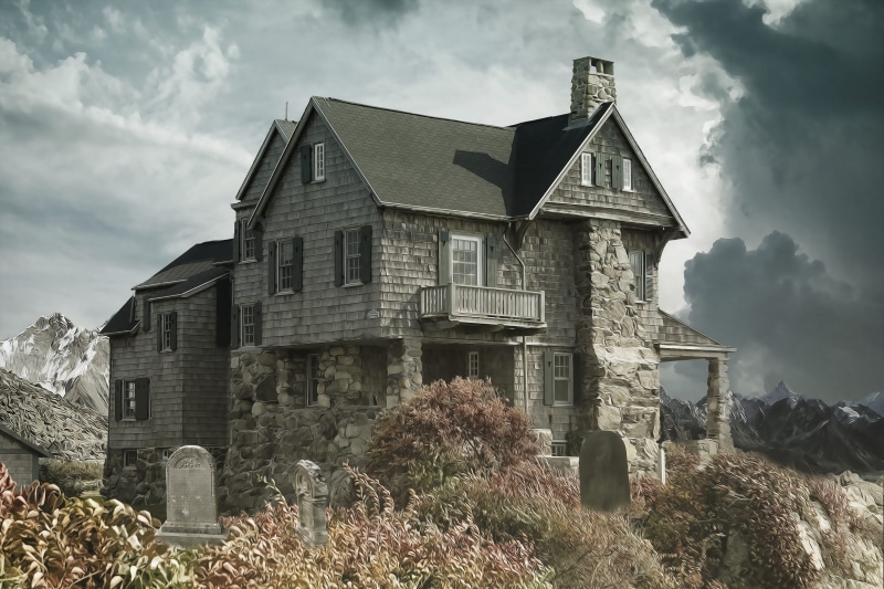 destruction, building, residential building, sky, overcast, horror, building exterior, graveyard, tombstones, grey sky, haunted house, storm, day, history