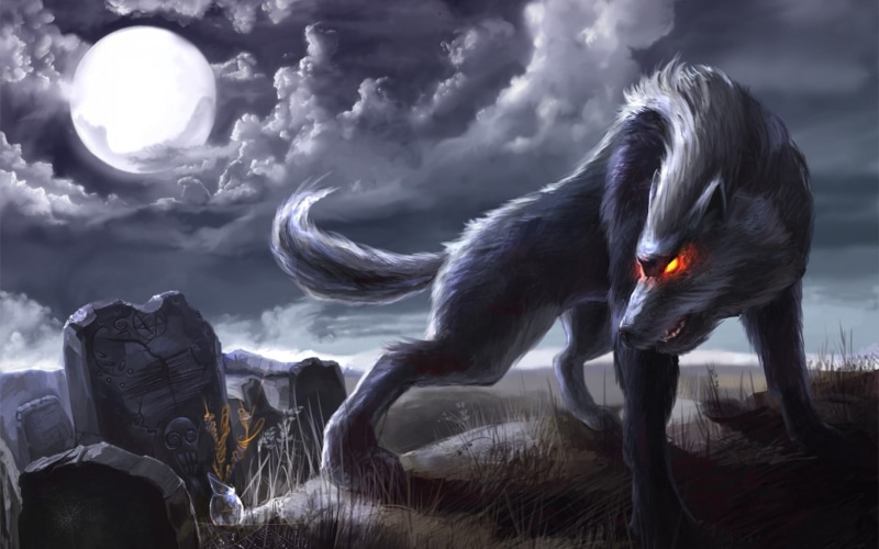 tombstone, werewolf, creepy, clouds, headstone, spooky, scary, cemetery, demon, dark, fantasy, grave, skulls, ghost, occult, art, moon, halloween, 720P