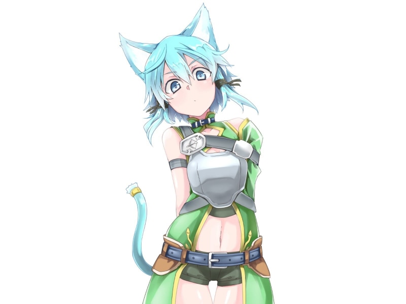 Sword Art Online, holding, studio shot, art and craft, creativity, people, women, nekomimi, white background, indoors, copy space, clothing, standing, Asada Shino