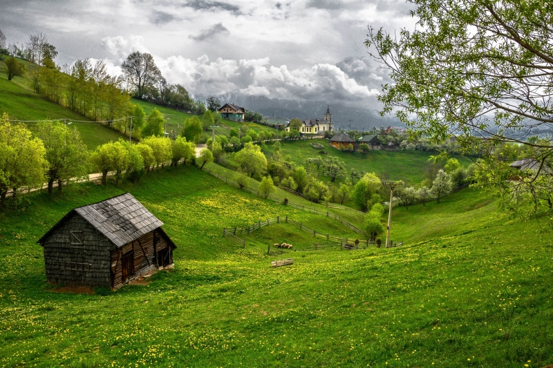 field, hills, Transylvania, 5K, trees, castle, Landscape, house, draculas, road