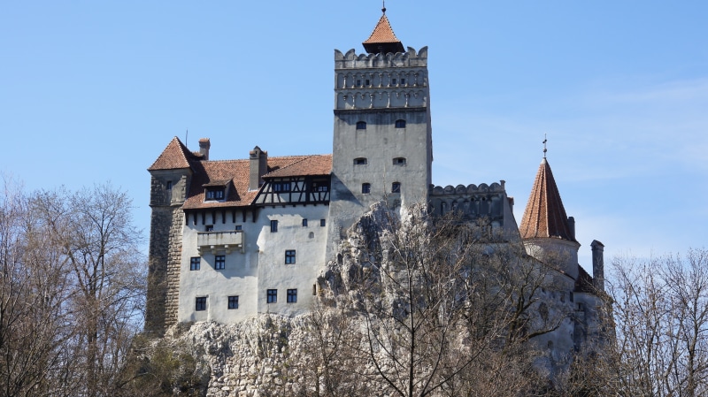 bram stoker, spire, vlad iii, outdoors, building, history, sky, clear sky, medieval, no people, gray, dracula, bran, travel, old, tree, tower, fort, castle