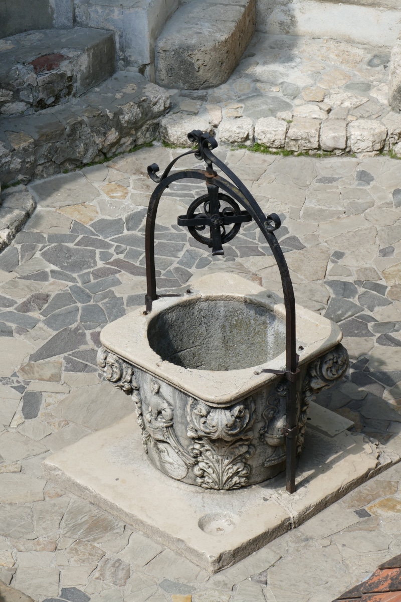pattern, fountain, stone, day, metal, well, hof, old, romania, tourism, castle, faucet, footpath, stone material, high angle view, solid, architecture