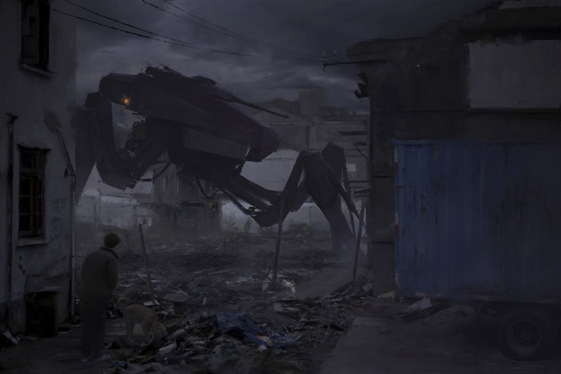 artwork, digital art, still, ruin, apocalyptic, dark, 1080P, mech, movie, futuristic, robot, abandoned