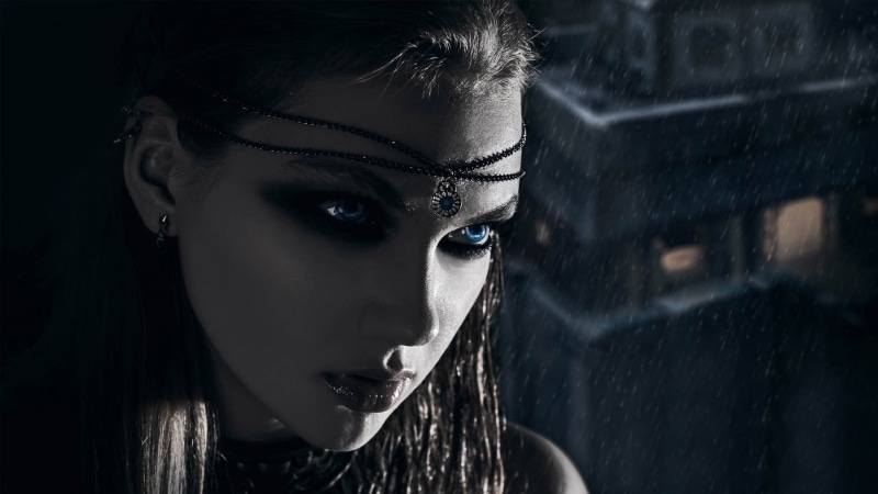 art, beautiful woman, young women, outdoors, make-up, horror, fantasy, eyes, hairstyle, lifestyles, leisure activity, close-up, Dark, rain, cg, 1080P