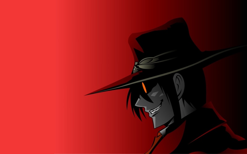 no people, male, haired, black color, red background, Hellsing, Alucard, cut out, anime, shadow, wall - building feature, glasses, abstract, character