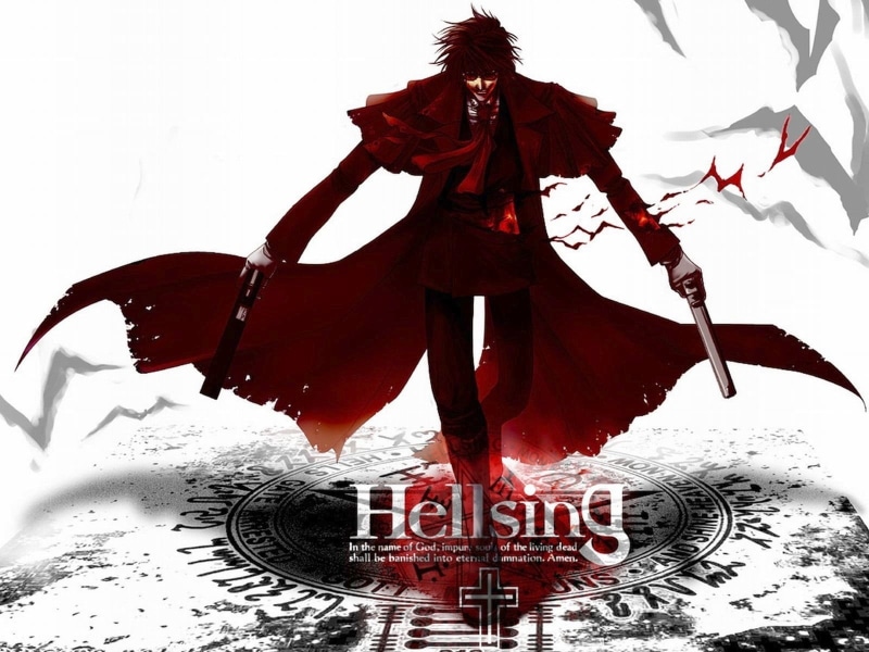 white background, Hellsing, art and craft, script, western script, studio shot, communication, text, red, indoors, still life, representation, celebration