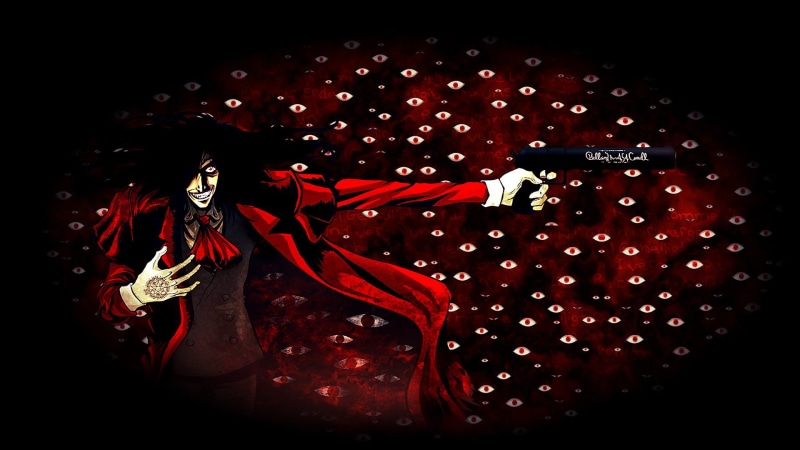 motion, illustration, freshness, clothing, black background, ribbon, one person, black color, fashion, character, anime, male, close-up, Alucard, water