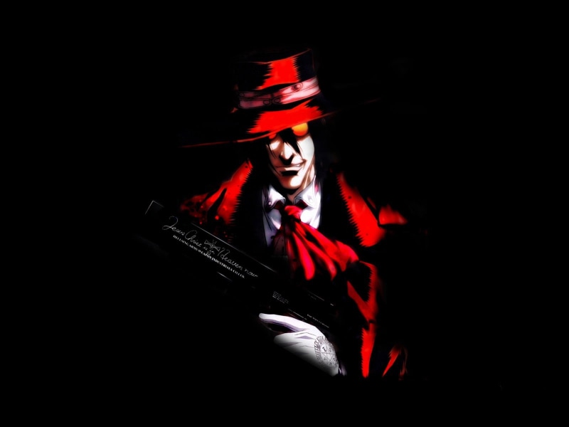 720P, one person, communication, anime, indoors, evil, anger, dark, clothing, gun, adult, front view, Alucard, headshot, portrait, technology, black background